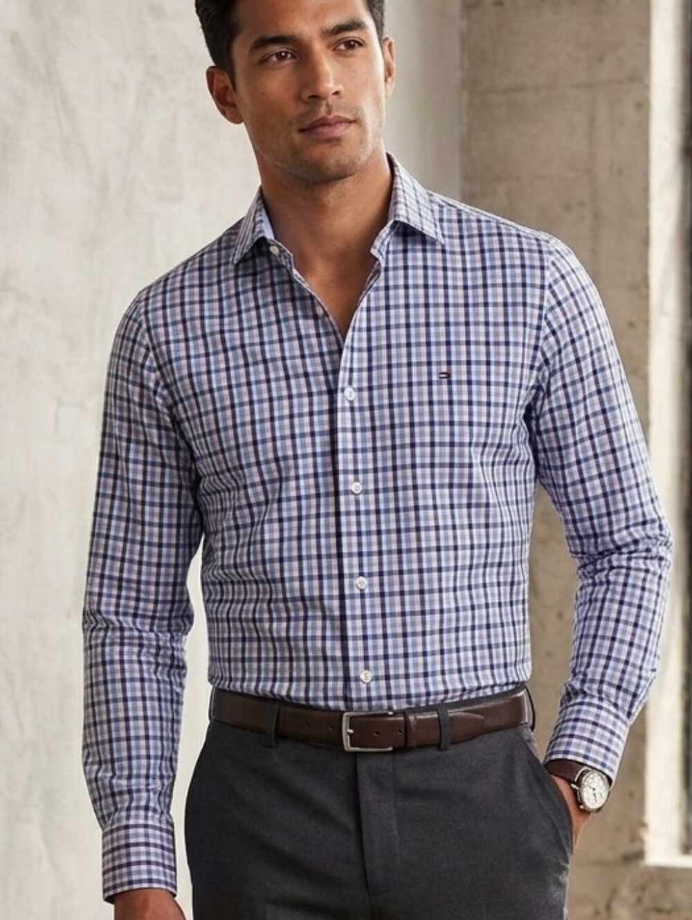 Tommy Hilfiger Men's Purple and White Checked Dress Shirt
